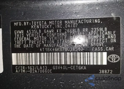 2007 Toyota Camry Xle V6 z USA, uszkodzony, nr VIN 4T1BK46K07U038510